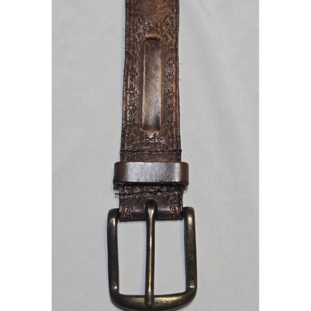 Vtg Genuine Soft Leather Brown Embossed Belt Bronze Buckle 34-38